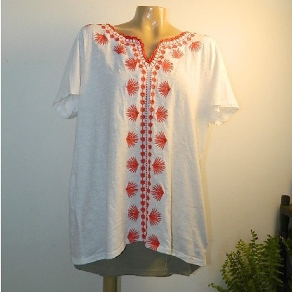 Talbots Embroidered Top Women 1X White Coral Cotton Slub Split Neck Short Sleeve